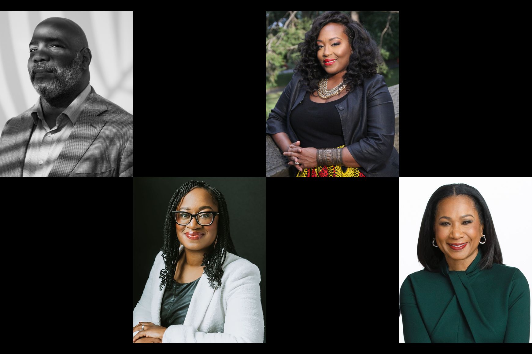 Collage image from left to right of Dr. Jelani Cobb, Dr. Keisha Blain, Dr. Zinga Fraser, and Sandra Bookman